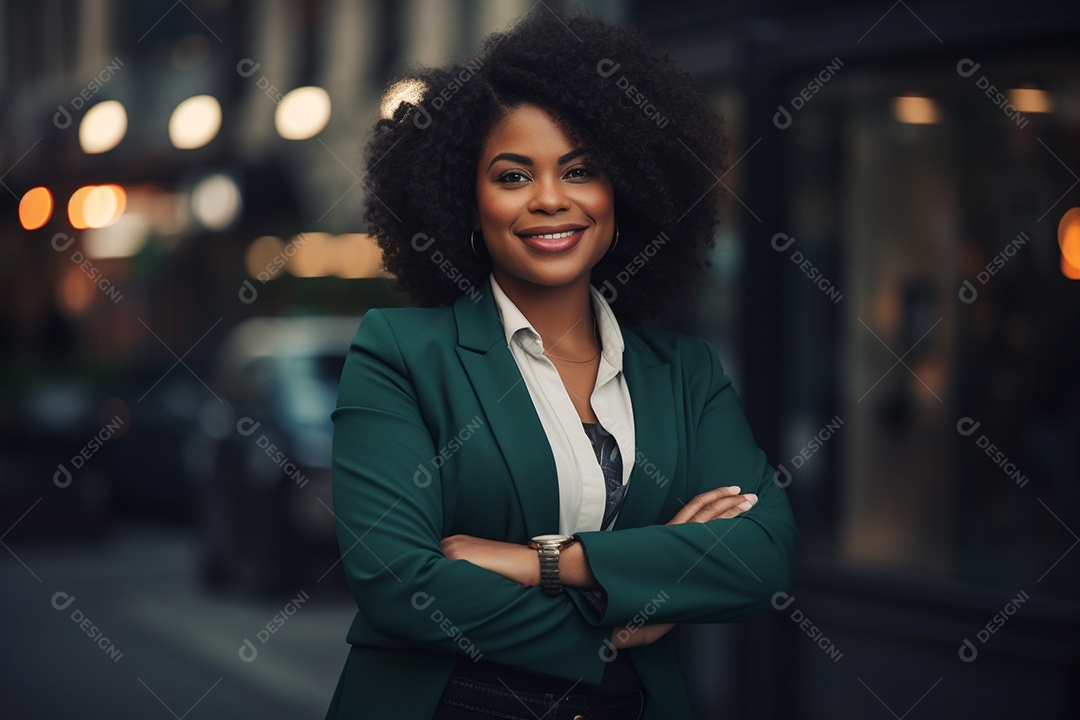 Mulher gorda que está sorrindo e cruzando os braços