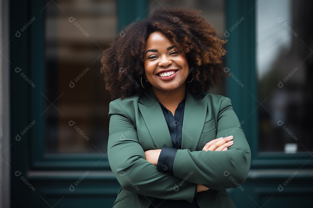 Mulher gorda que está sorrindo e cruzando os braços