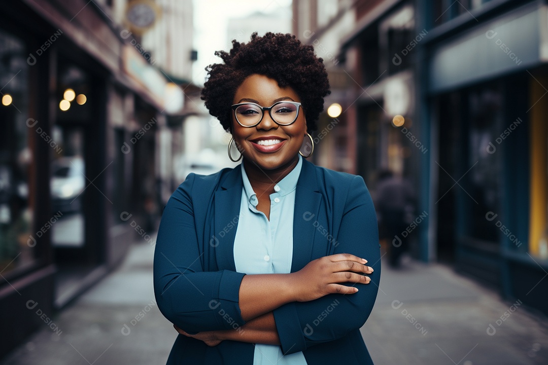 Mulher gorda que está sorrindo e cruzando os braços