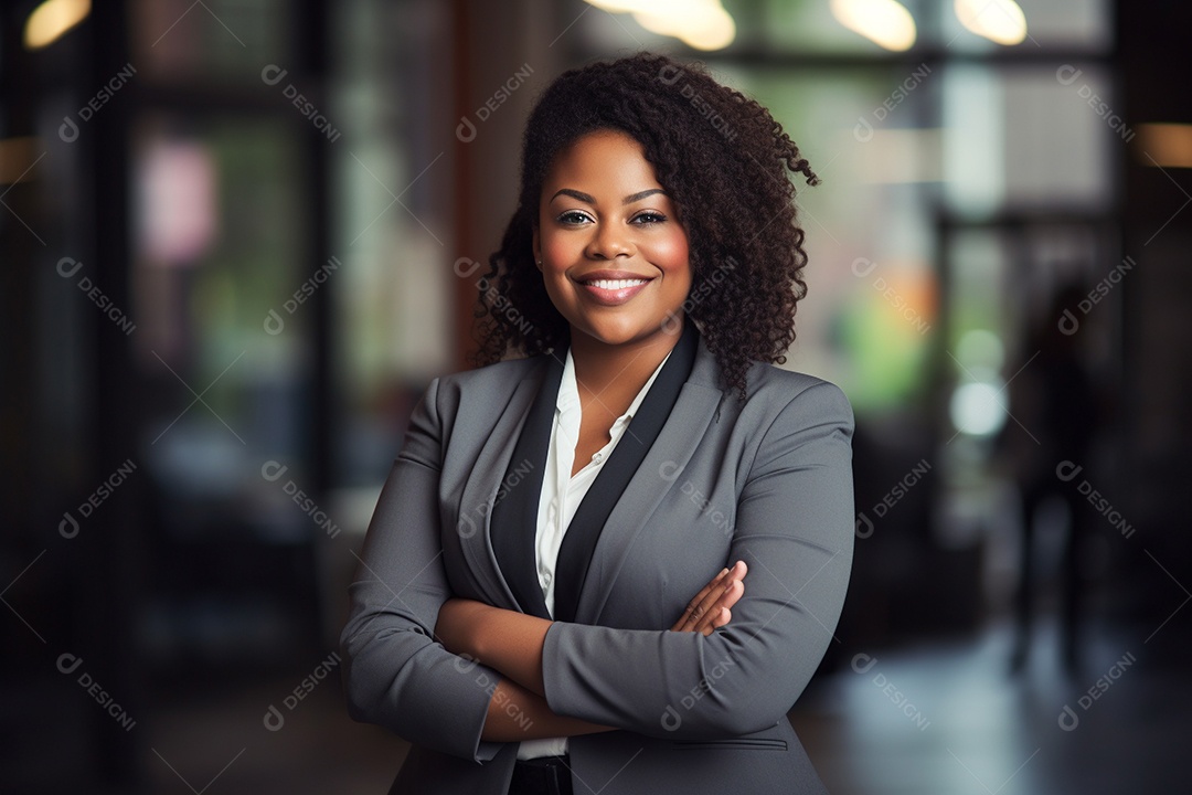 Mulher negra gorda que está sorrindo e cruzando os braços