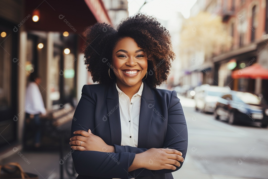 Mulher negra gorda que está sorrindo e cruzando os braços