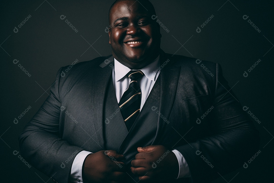 Homem gordo que está sorrindo e cruzando os braços