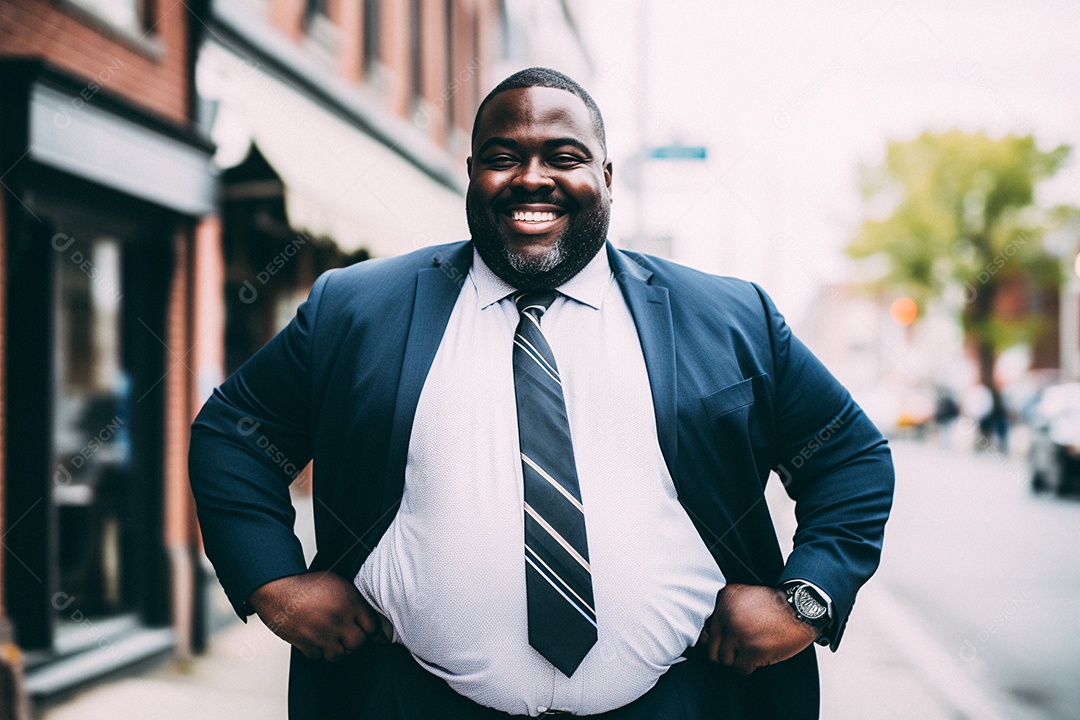 Homem gordo que está sorrindo e cruzando os braços