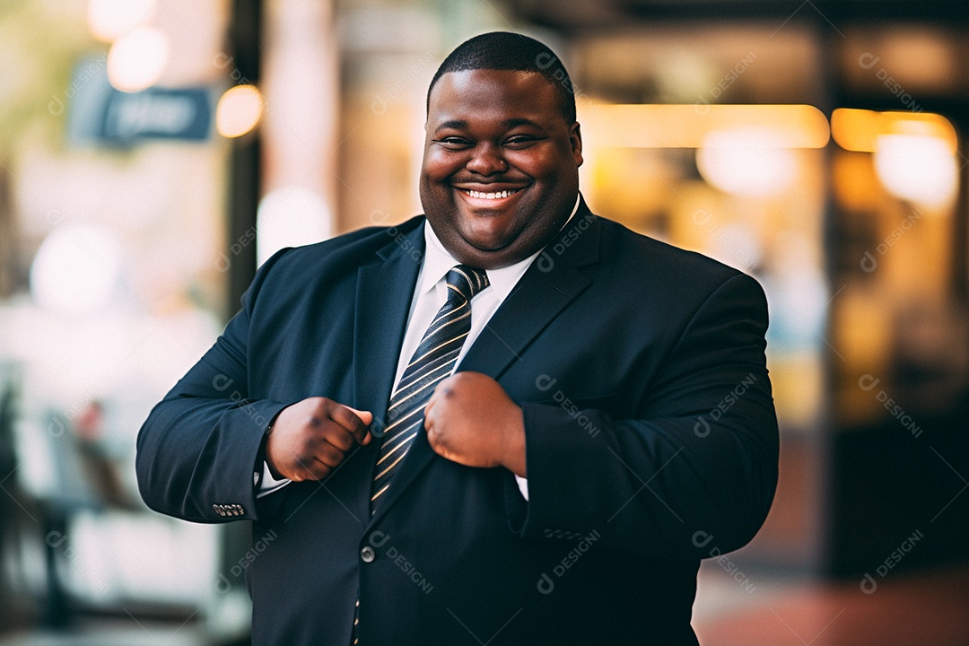 Homem gordo que está sorrindo e cruzando os braços