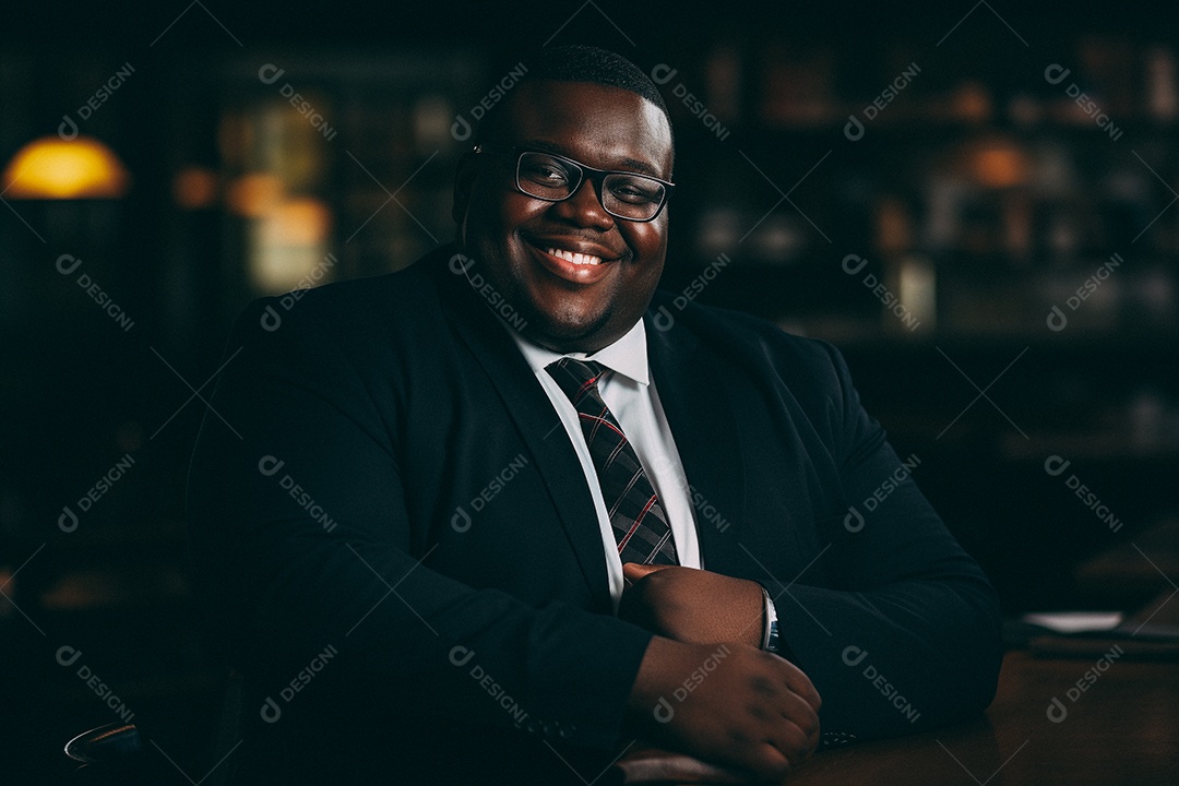 Homem gordo que está sorrindo e cruzando os braços