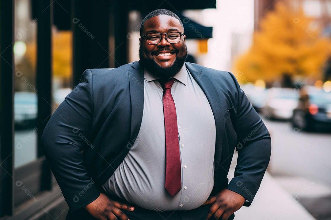 Homem gordo que está sorrindo e cruzando os braços
