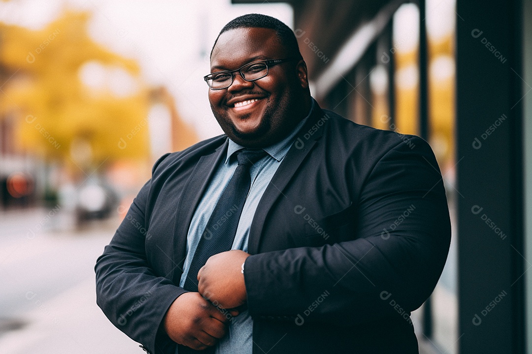 Homem gordo que está sorrindo e cruzando os braços