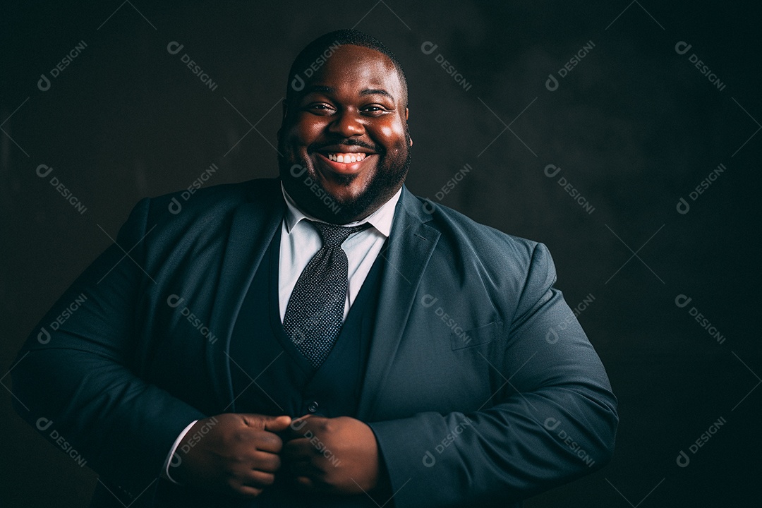 Homem gordo que está sorrindo e cruzando os braços