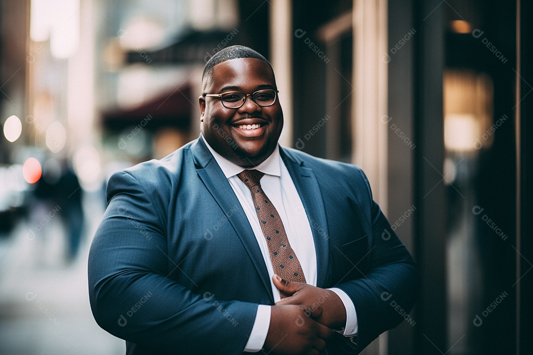 Homem gordo que está sorrindo e cruzando os braços