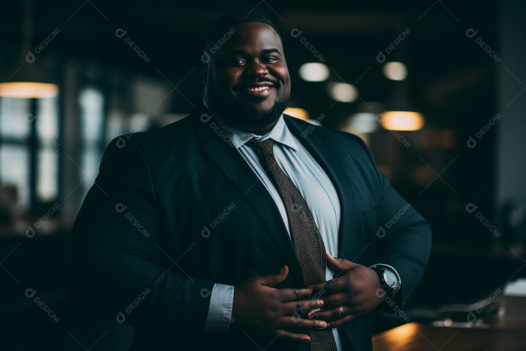 Homem gordo que está sorrindo e cruzando os braços