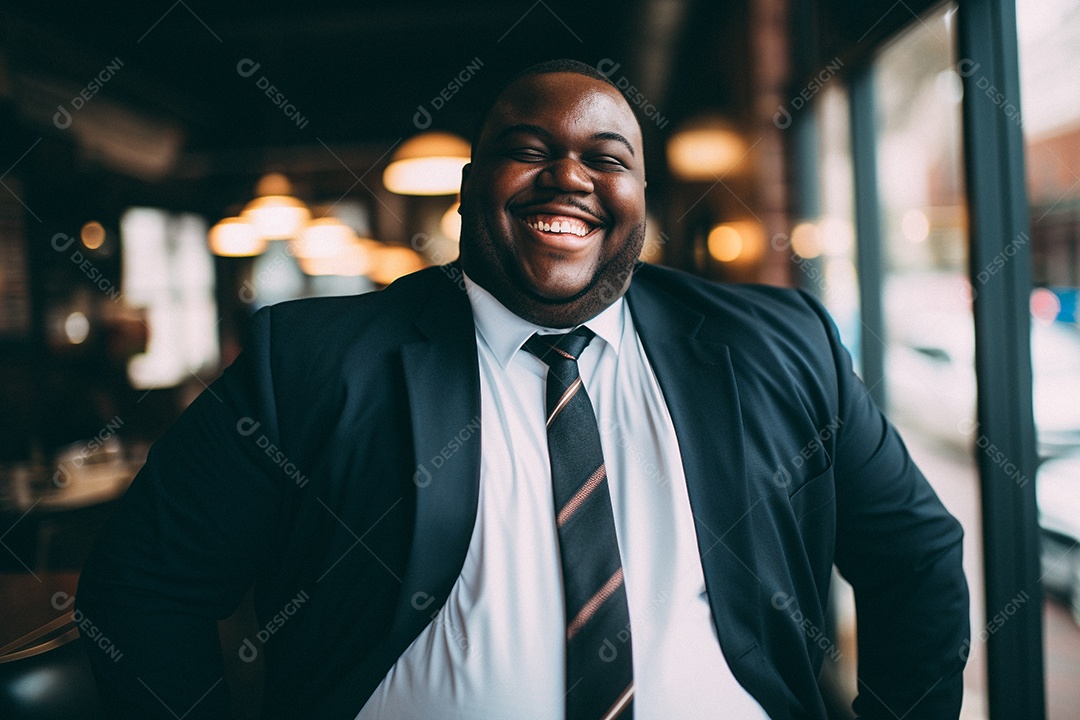 Homem gordo que está sorrindo e cruzando os braços