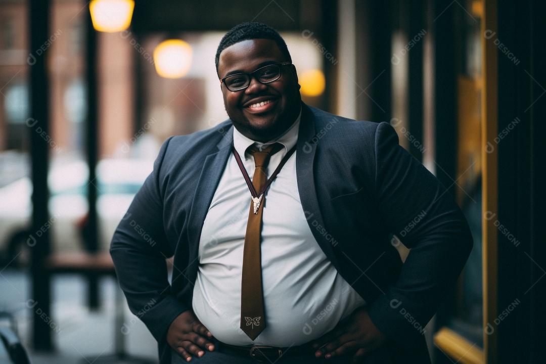 Homem gordo que está sorrindo e cruzando os braços
