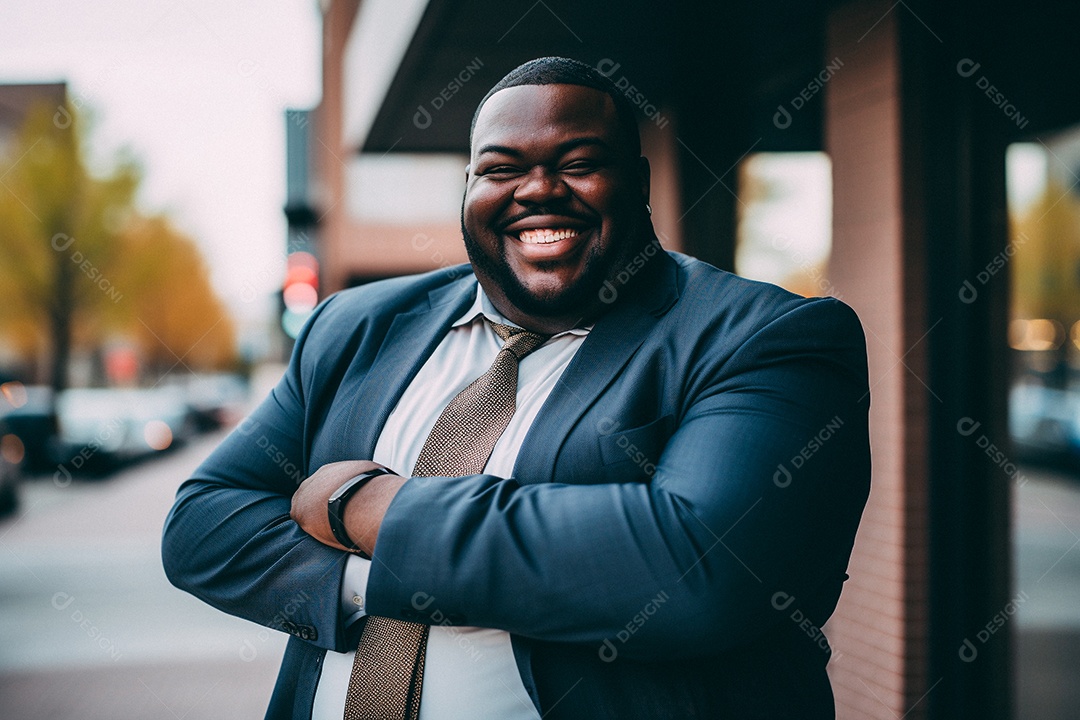 Homem gordo que está sorrindo e cruzando os braços