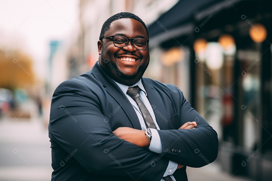 Homem gordo que está sorrindo e cruzando os braços