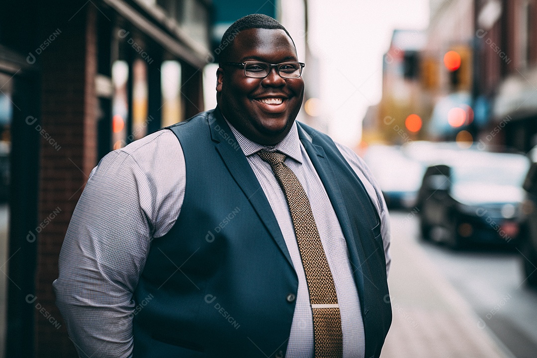 Homem gordo que está sorrindo e cruzando os braços