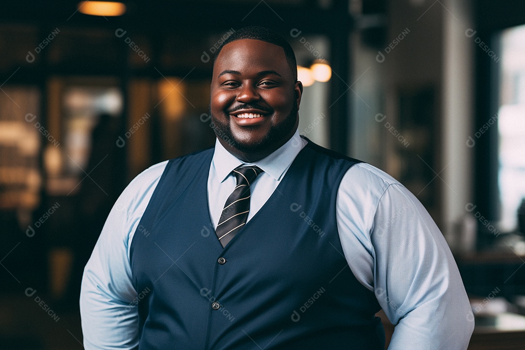 Homem gordo que está sorrindo e cruzando os braços