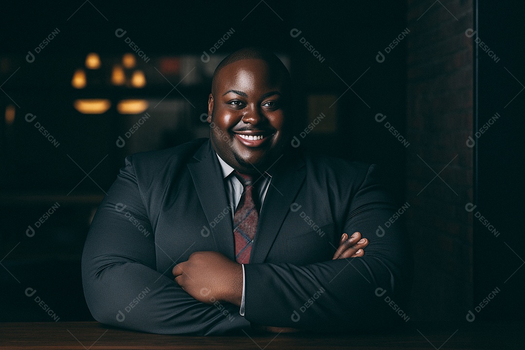 Homem negro gordo que está sorrindo e cruzando os braços