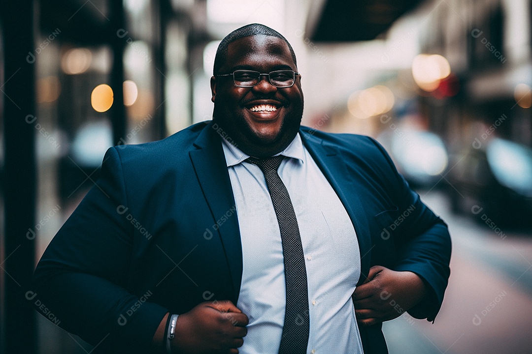 Homem negro gordo que está sorrindo e cruzando os braços