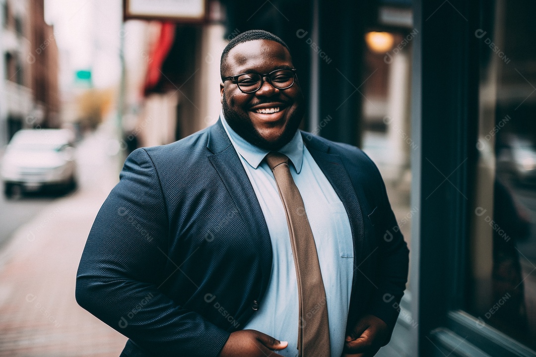 Homem negro gordo que está sorrindo e cruzando os braços