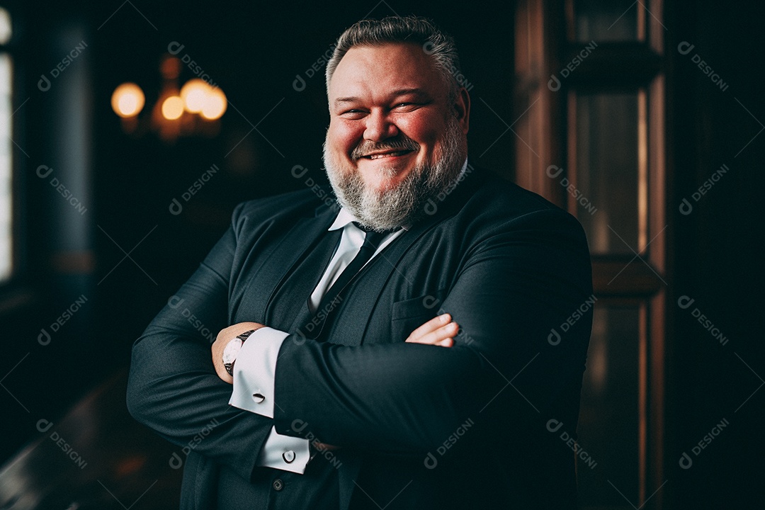 Homem negro gordo que está sorrindo e cruzando os braços