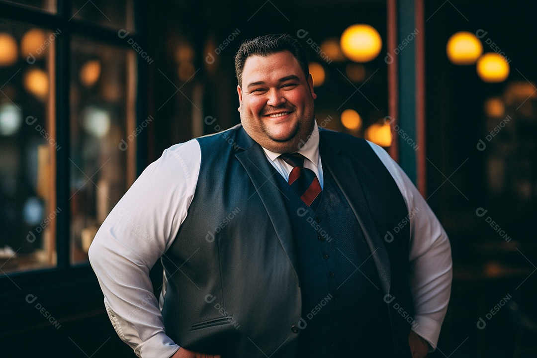 Homem gordo que está sorrindo e cruzando os braços