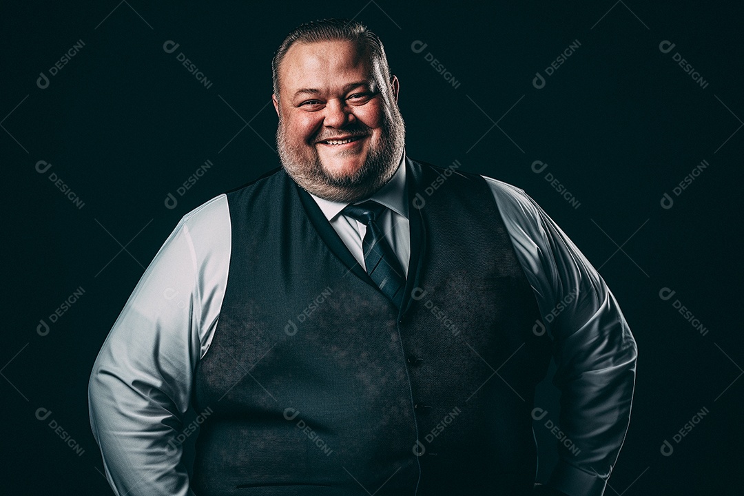 Homem gordo que está sorrindo e cruzando os braços