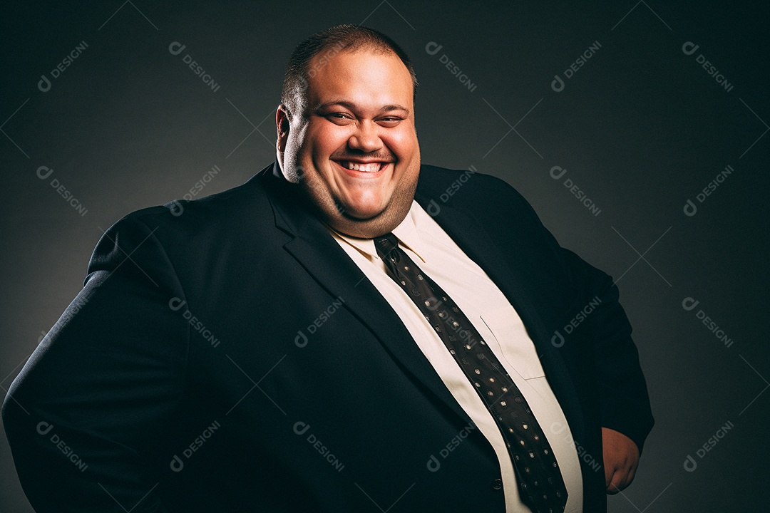 Homem gordo que está sorrindo e cruzando os braços