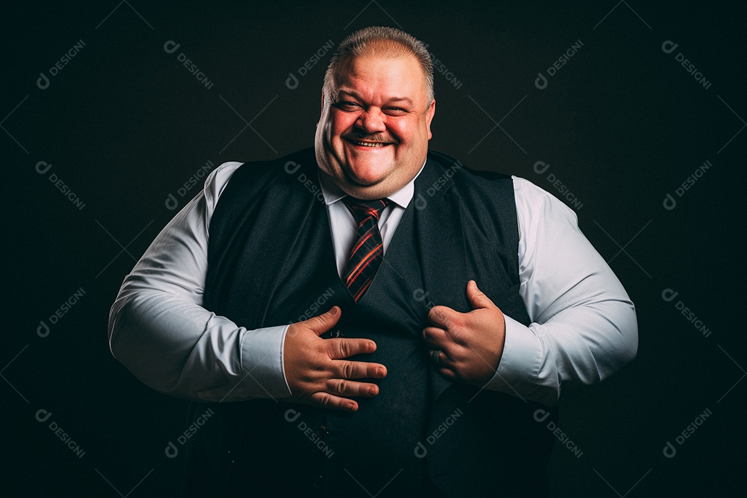 Homem gordo que está sorrindo e cruzando os braços