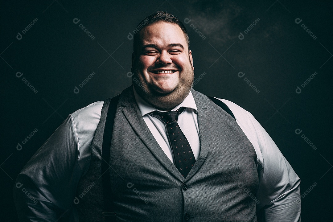 Homem gordo que está sorrindo e cruzando os braços