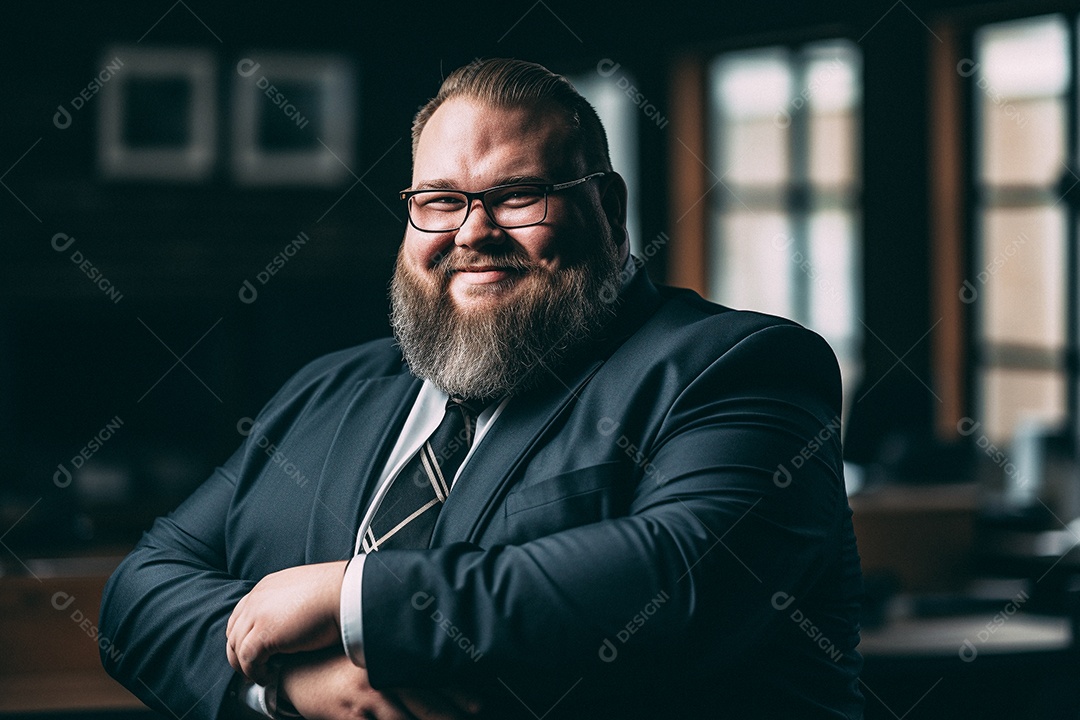 Homem gordo que está sorrindo e cruzando os braços