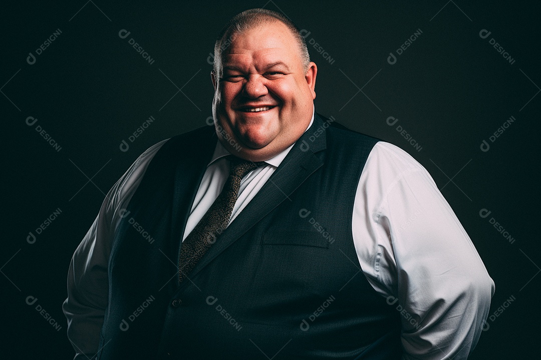 Homem gordo que está sorrindo e cruzando os braços