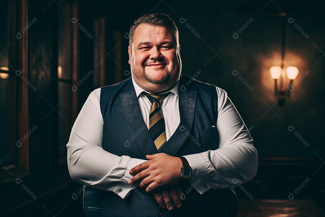 Homem gordo que está sorrindo e cruzando os braços