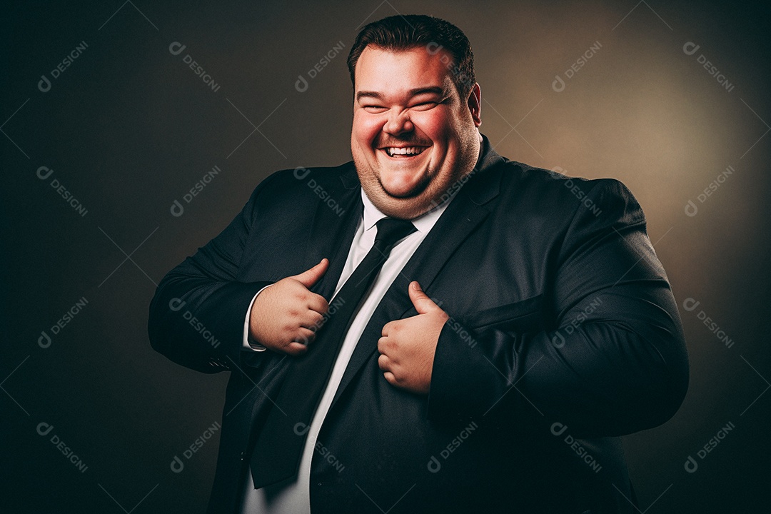 Homem gordo que está sorrindo e cruzando os braços