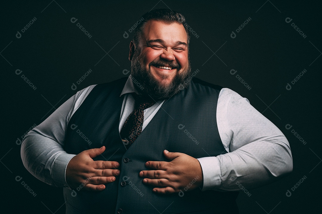 Homem gordo que está sorrindo e cruzando os braços