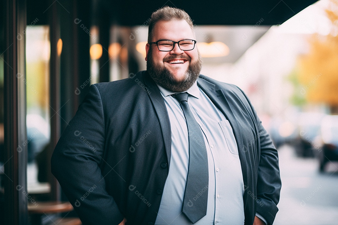 Homem gordo que está sorrindo e cruzando os braços
