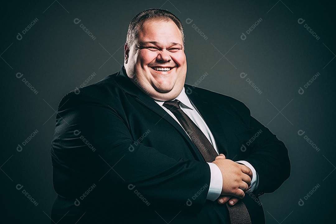 Homem gordo que está sorrindo e cruzando os braços