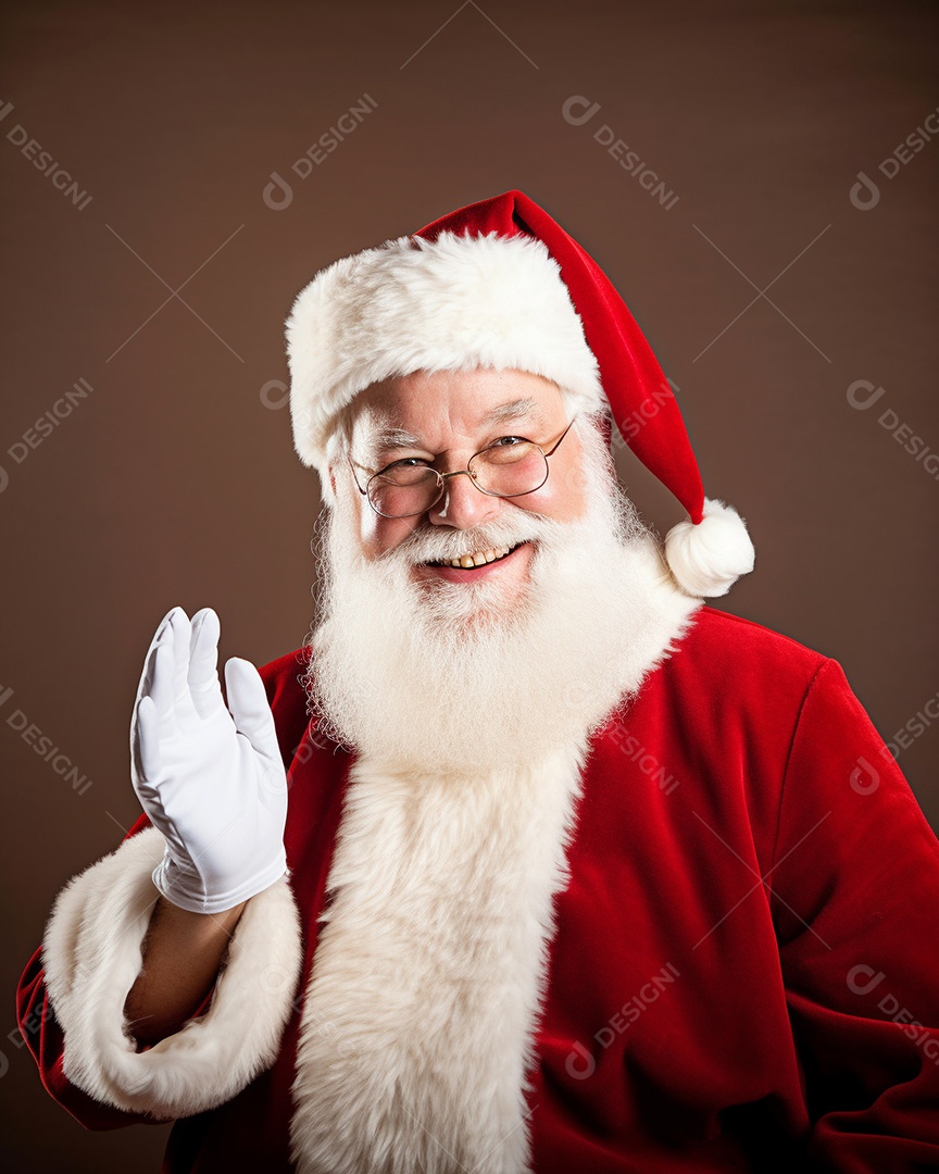 Papai Noel realmente sorridente, fazendo tudo bem com sua mão