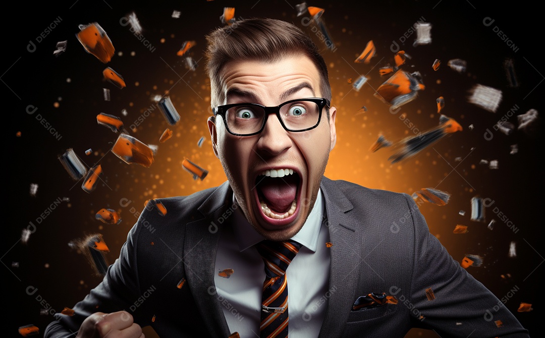 Empresário engraçado gritando com dinheiro