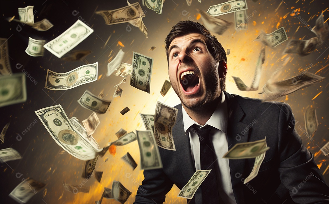 Empresário engraçado gritando com dinheiro