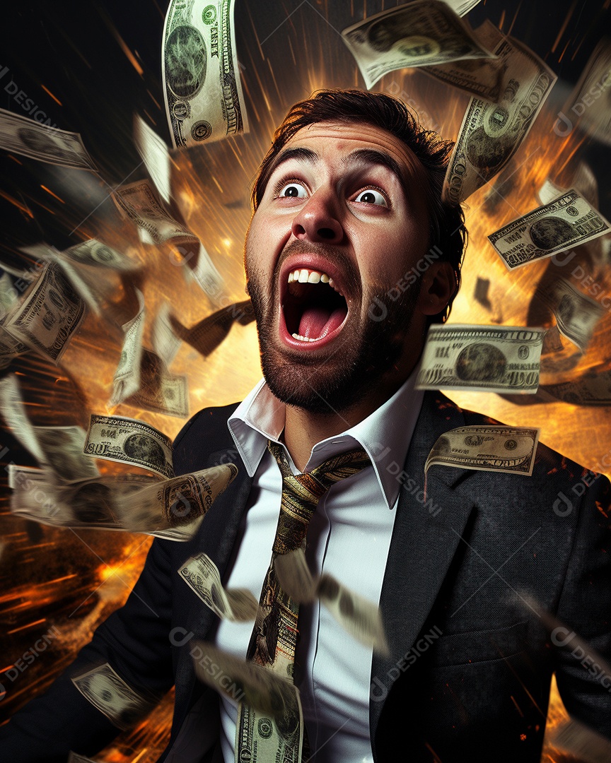 Empresário engraçado gritando com dinheiro