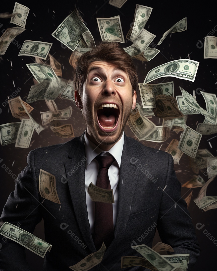 Empresário engraçado gritando com dinheiro
