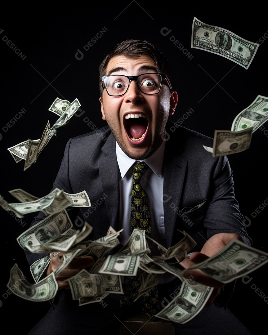 Empresário engraçado gritando com dinheiro