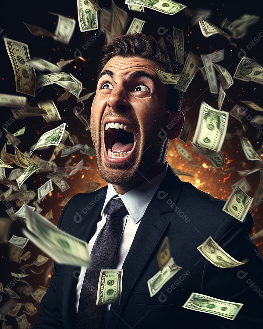 Empresário engraçado gritando com dinheiro
