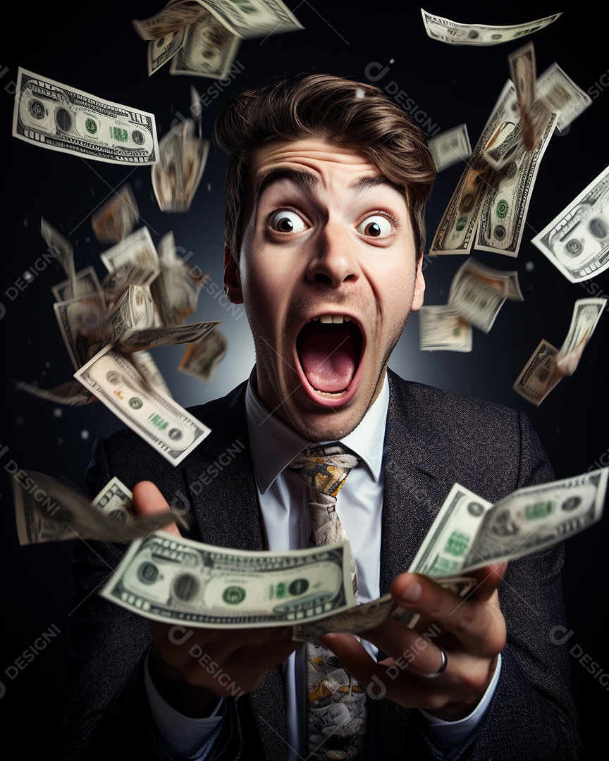 Empresário engraçado gritando com dinheiro