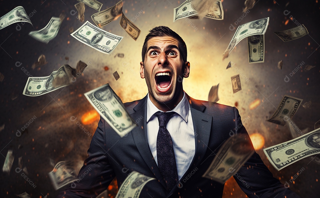 Empresário engraçado gritando com dinheiro