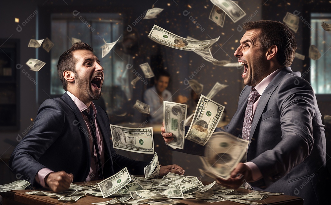 Empresário engraçado gritando com dinheiro