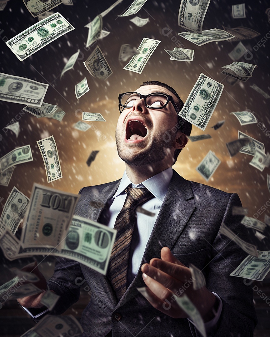 Empresário engraçado gritando com dinheiro