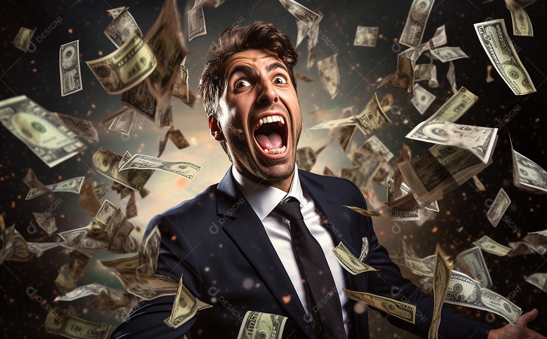 Empresário engraçado gritando com dinheiro
