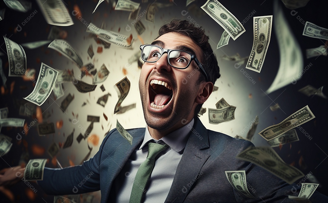 Empresário engraçado gritando com dinheiro