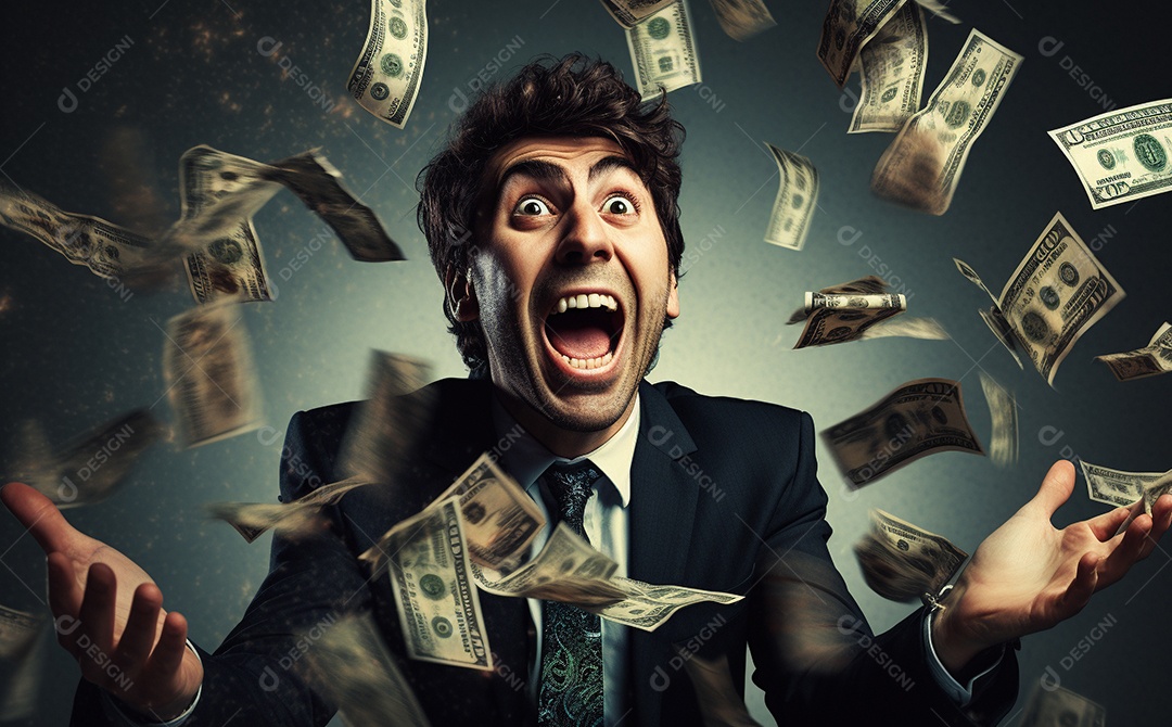 Empresário engraçado gritando com dinheiro